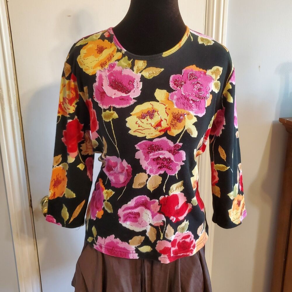 VTG SML Petite Cotton Black Floral Beaded Top Size M 90S Whimsigoth Fairy Grunge - Picture 8 of 11